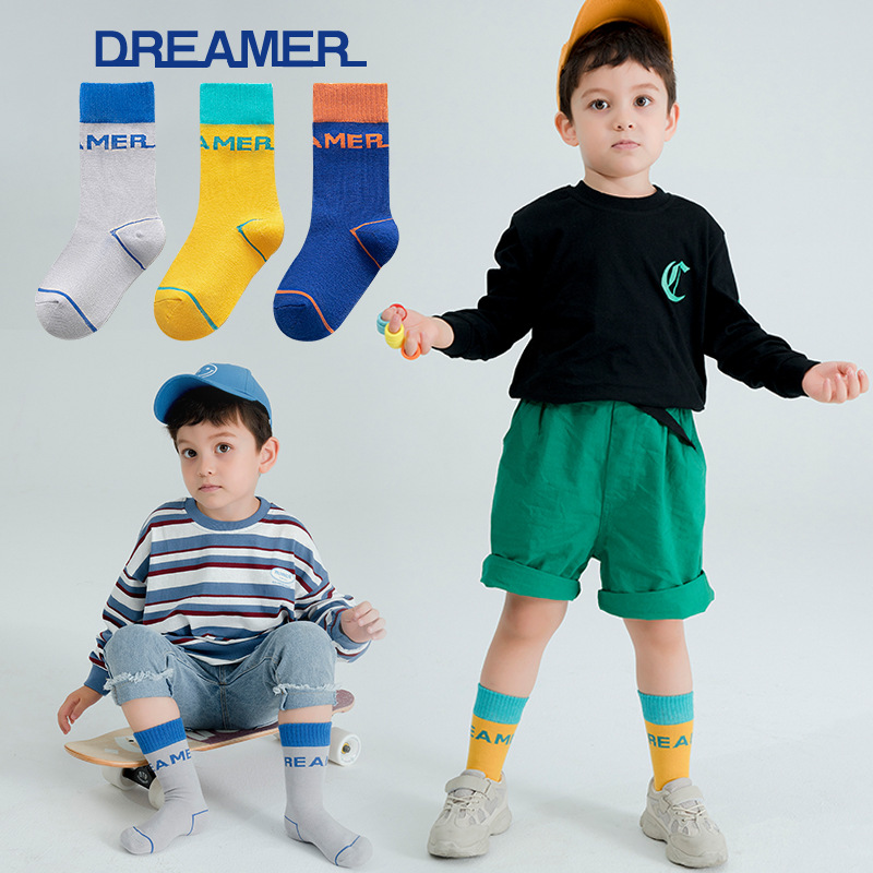 3 Pairs Children Cotton Socks Autumn Winter Long-barreled Girls Spell Color Ankle Socks